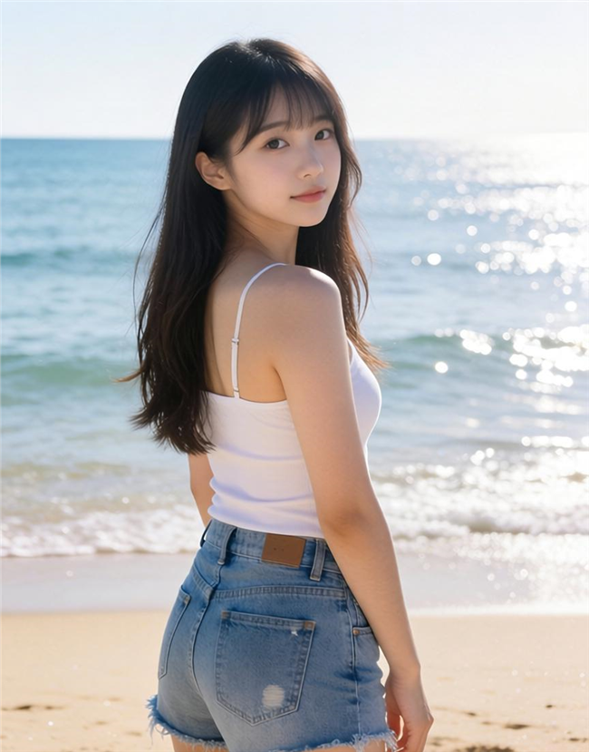 夏日海边牛仔短裤美女回眸写真图片