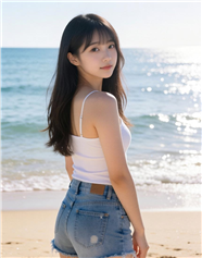 夏日海边牛仔短裤美女回眸写真图片