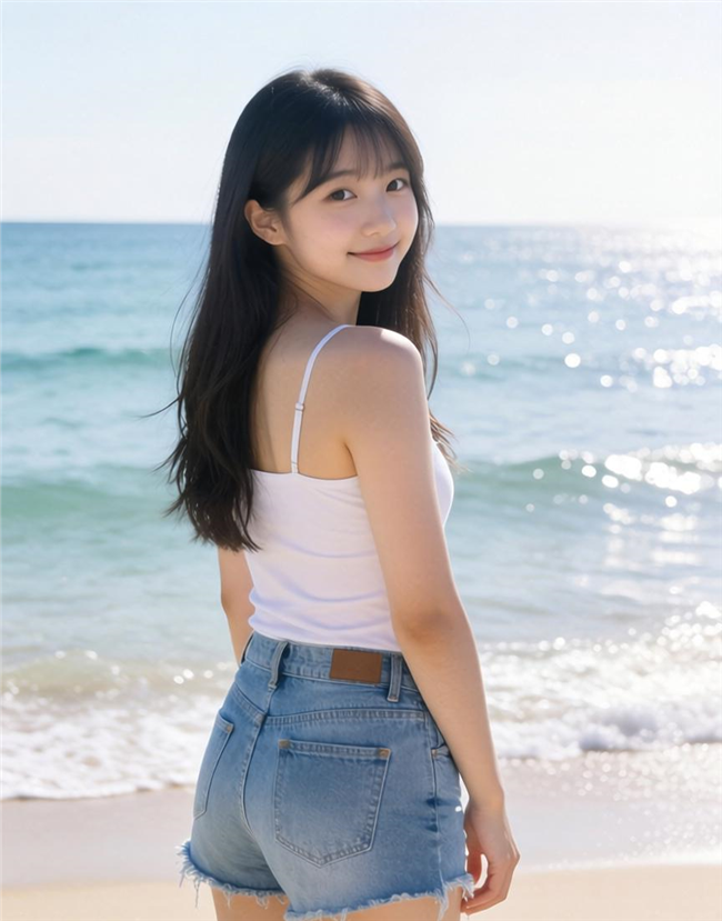 海边白色背心牛仔短裤性感美女图片