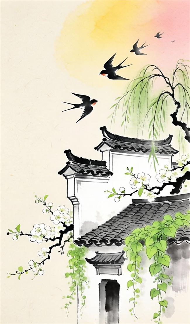 徽派白墙黛瓦建筑绘画作品图片