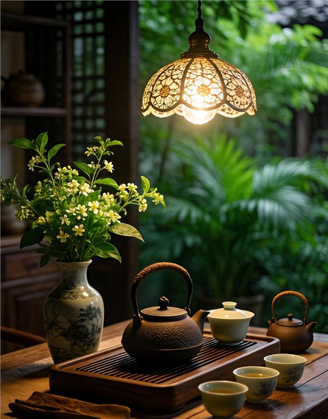 氛围感茶室茶具插花吊灯设计图片