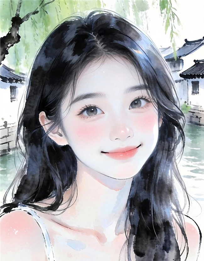 甜美少女水彩绘画图片