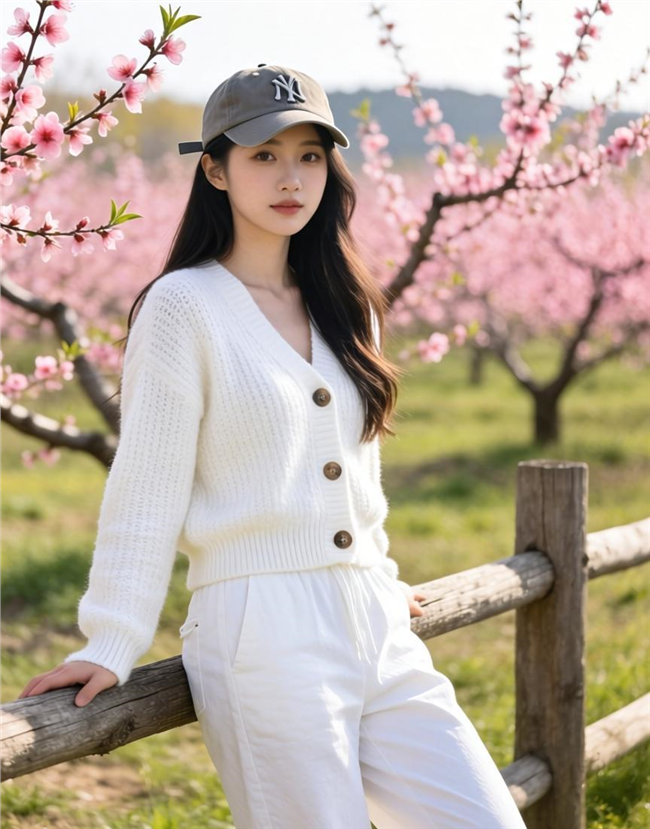 白色开衫毛衣休闲裤戴帽美女写真图片