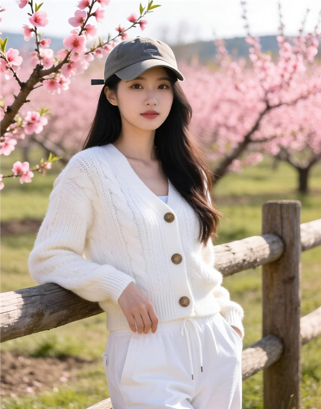 倚靠在梅花园木栅栏边上的美女图片