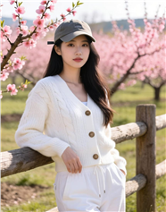 倚靠在梅花园木栅栏边上的美女图片