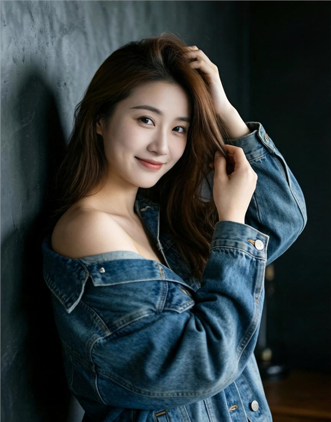 单肩滑落性感牛仔衣美女人体摄影图片
