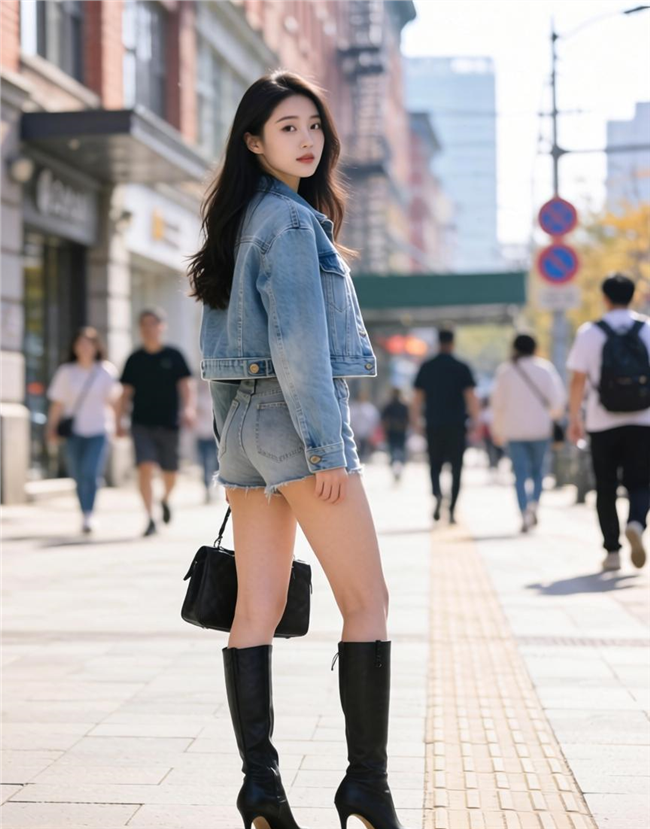 欧美街头时尚潮流牛仔套装美女图片