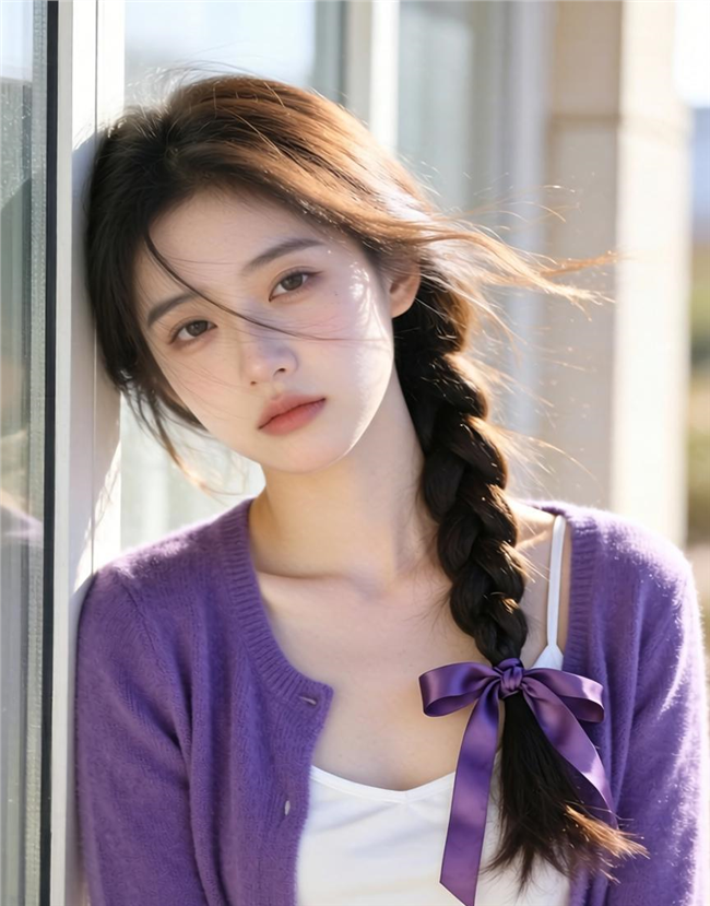 紫色羊毛针织开衫麻花辫美女写真图片