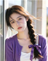 紫色羊毛针织开衫麻花辫美女写真图片