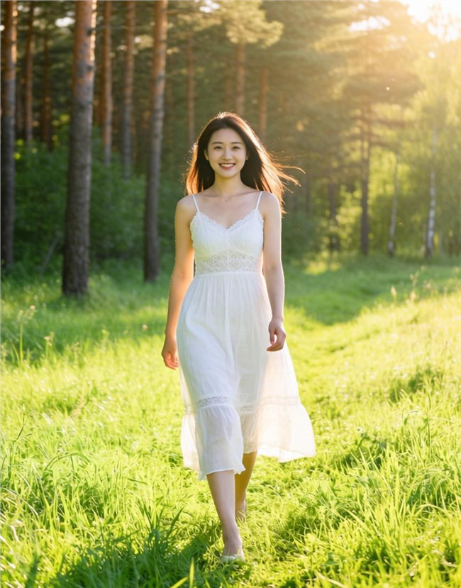 阳光森林草地款款而来的白裙美女图片