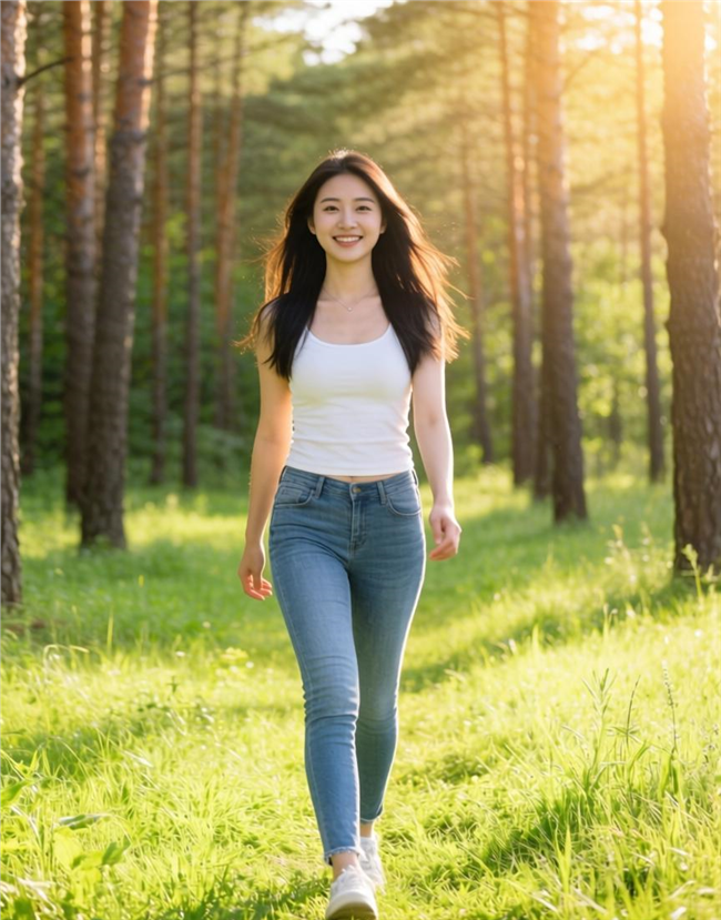 树林草地牛仔裤美女写真摄影图片