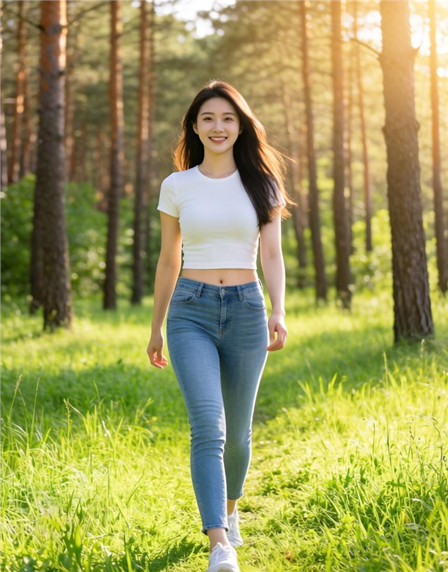 白色肚脐装T恤美女树林写真图片