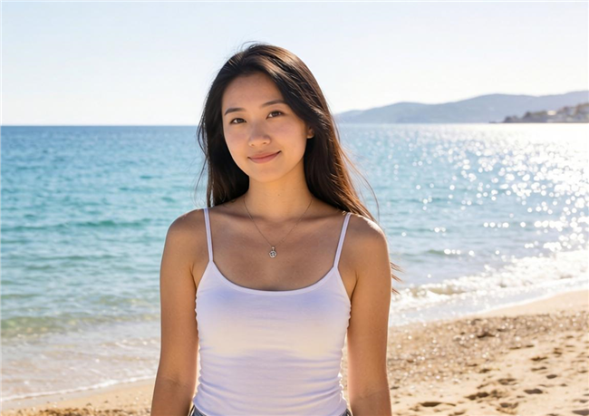 夏日海边白色吊带背心美女写真图片