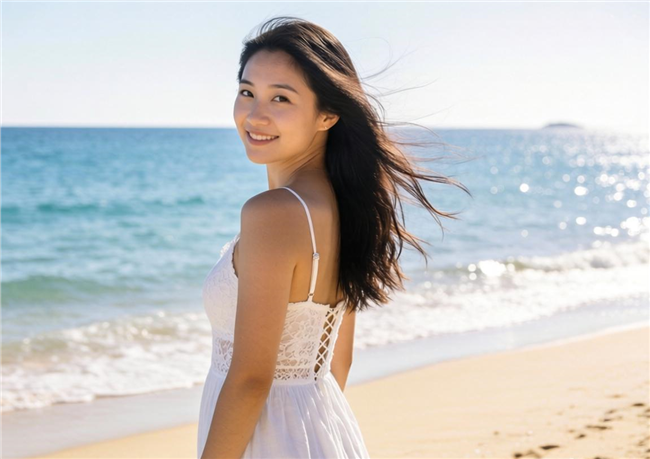 夏日海边潮起潮落美女写真摄影图片