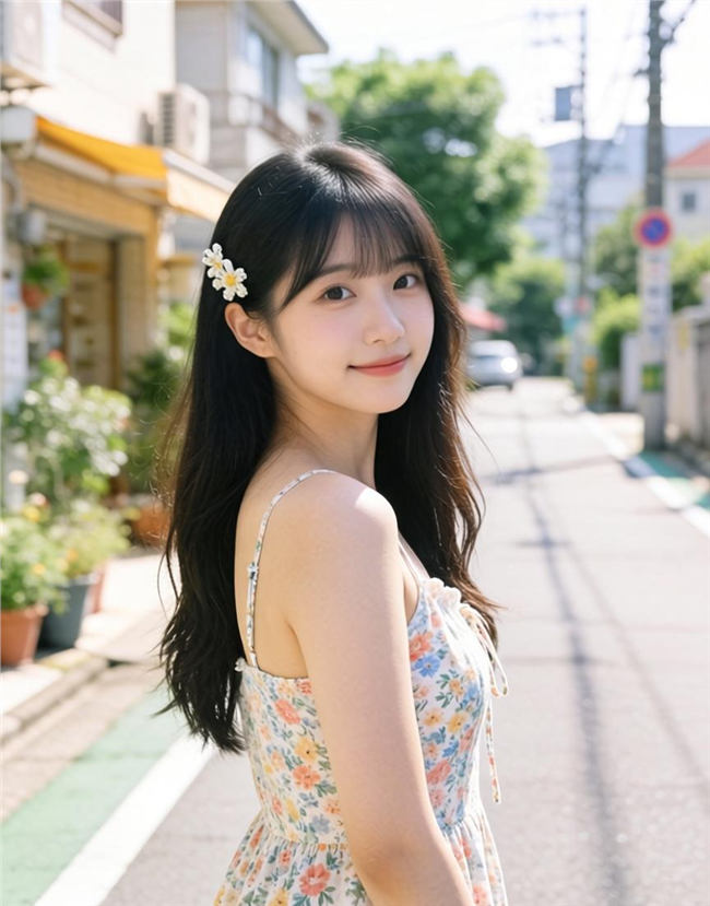 街头小清新碎花裙美女写真图片