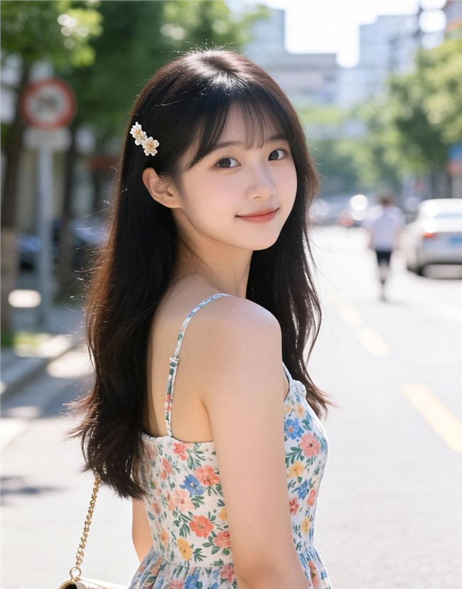 夏日街头小清新碎花裙美女图片