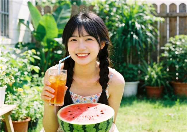夏日元气少女吃西瓜喝汽水图片