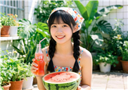 夏日庭院汽水西瓜少女图片