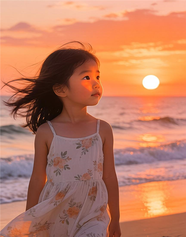 黄昏海边小女孩侧颜摄影图片