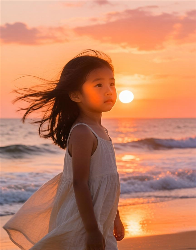 日暮黄昏海边沙滩小女孩摄影图片