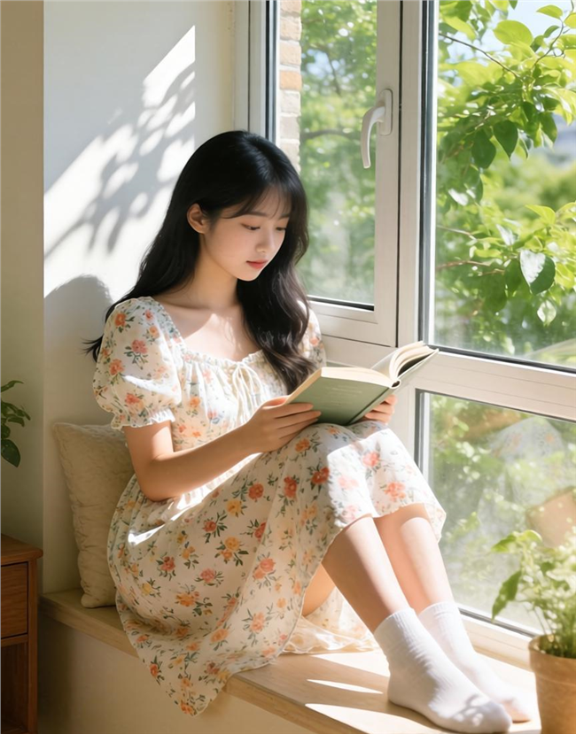 午后窗台看书的碎花裙美女图片