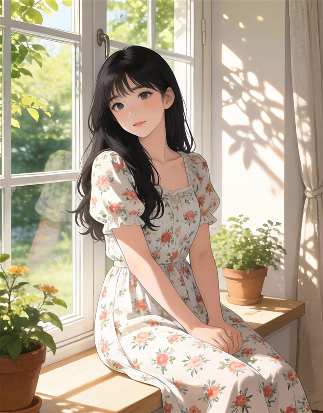 夏日窗边治愈系卡通插画女孩图片