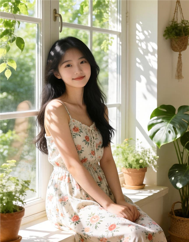 夏日窗台温柔碎花裙美女写真图片