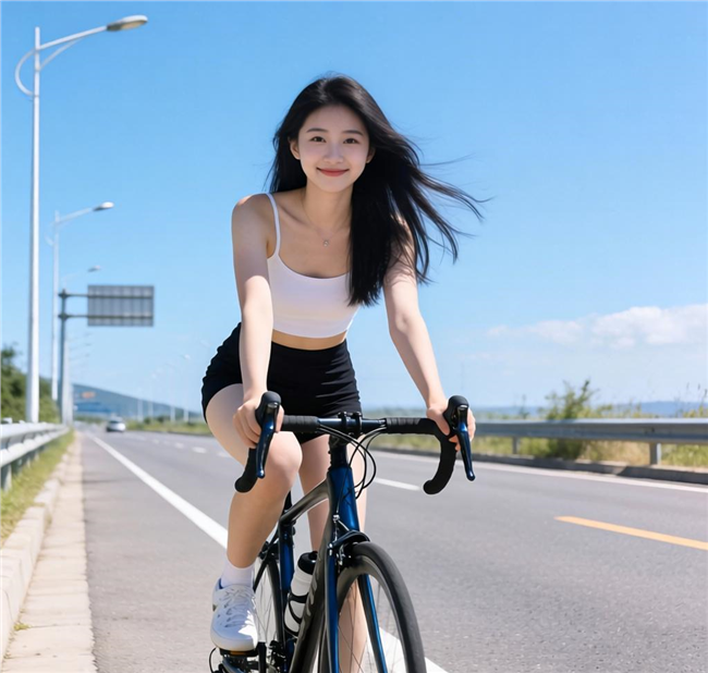 夏日公路骑行少女摄影图片