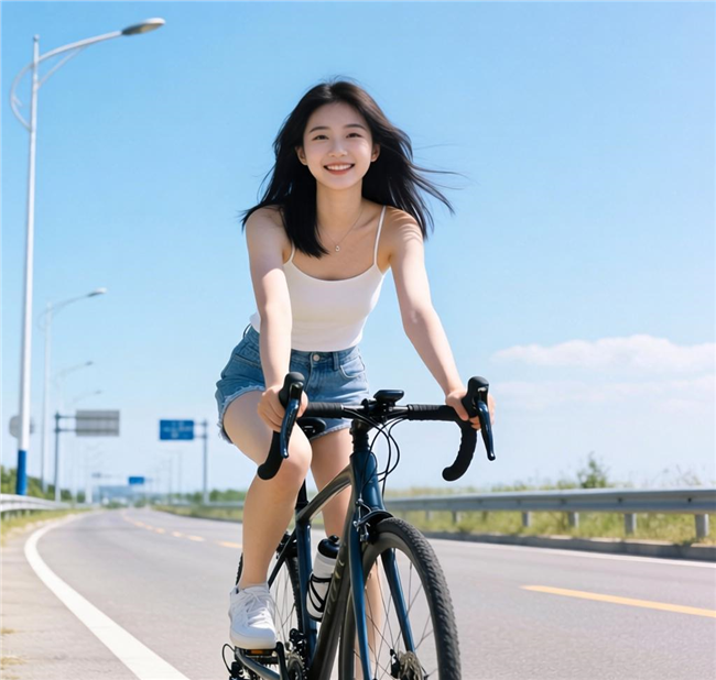 夏日少女公路骑行运动摄影图片
