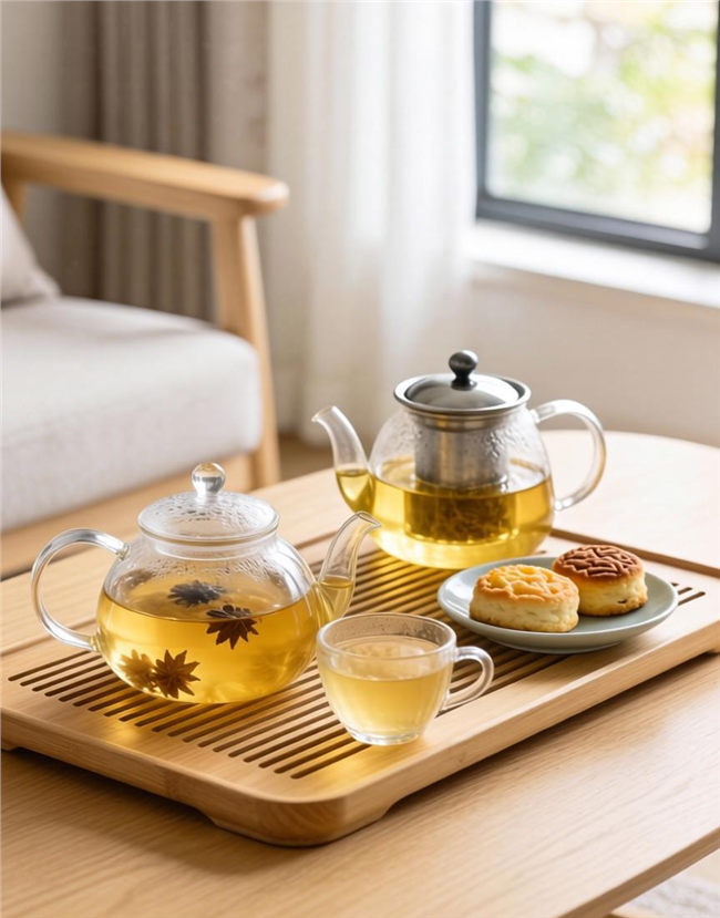 茶几上的点心和茶饮图片