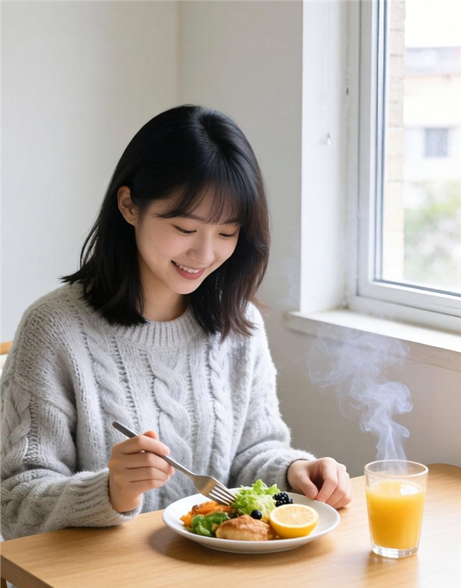 冬季羊毛衣美女窗边吃早餐图片