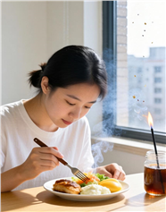 清晨美女餐桌前吃早餐图片