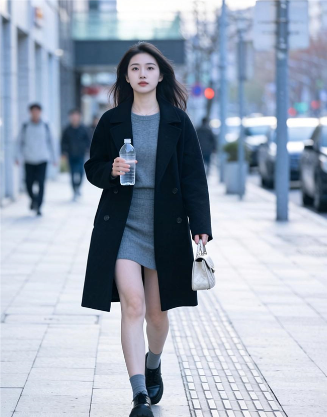 街头手持矿泉水瓶的美女图片