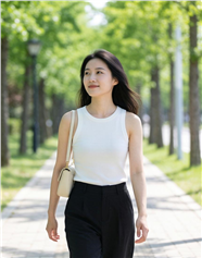 林荫路上白色无袖上衣美女图片