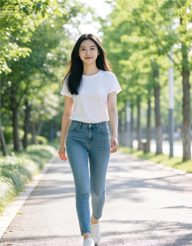 穿着牛仔裤白T恤在林间漫步的美女图片