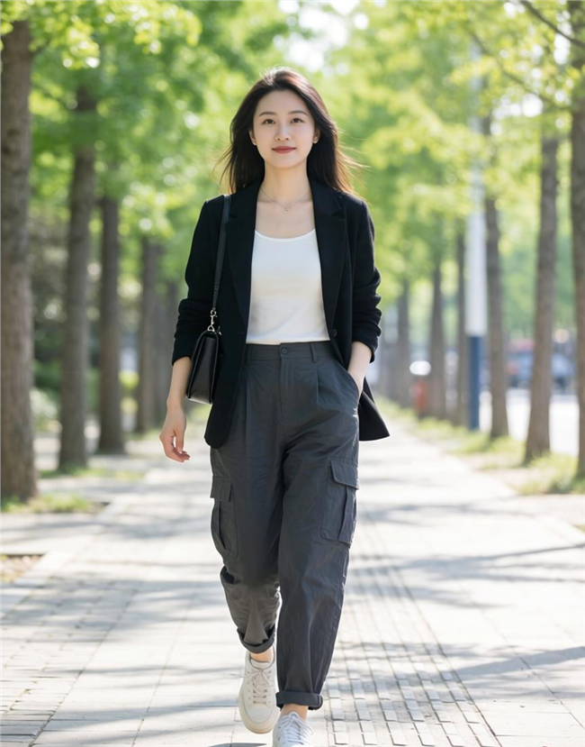 户外林荫漫步的美女图片