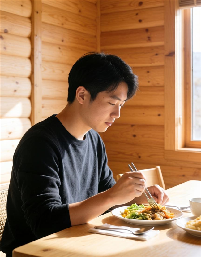 一个中年男人坐在餐桌前用餐图片