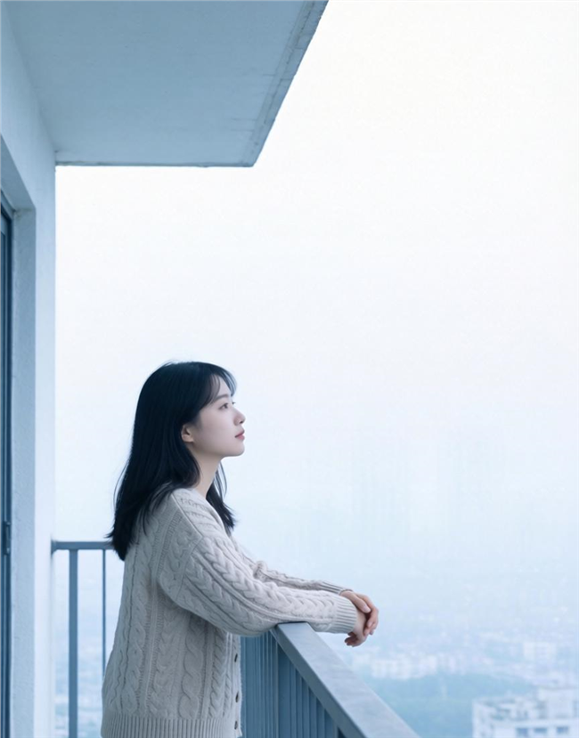 阳台倚栏眺望侧颜美女图片