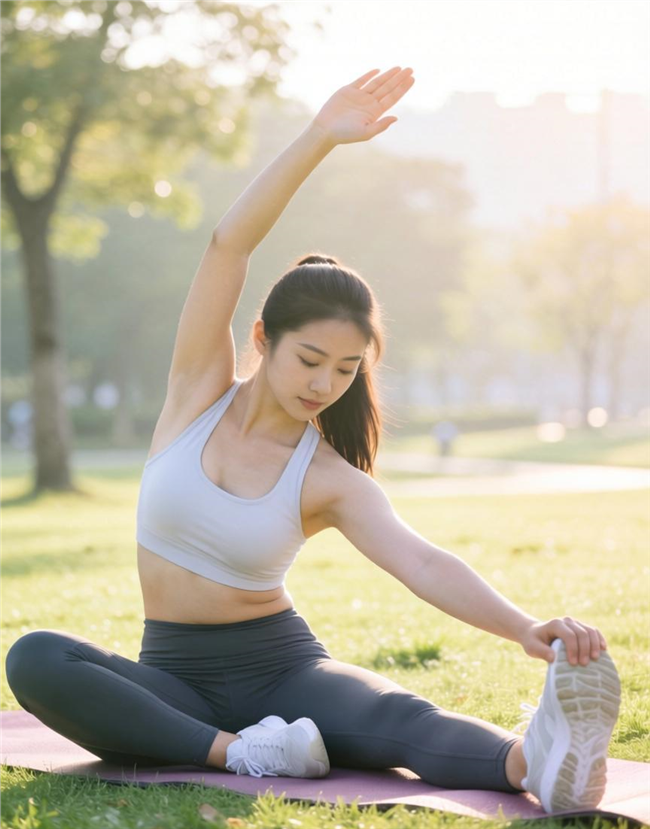 清晨户外晨练拉伸运动美女图片