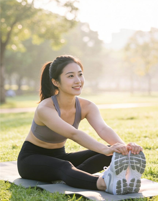 户外美女晨练拉伸姿势摄影图片