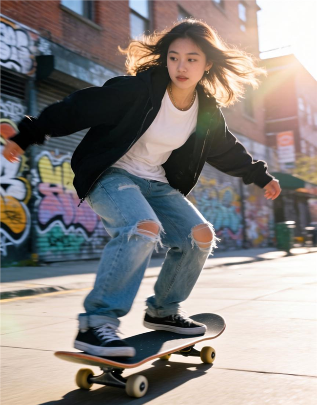 街头滑板的破洞牛仔裤美女图片
