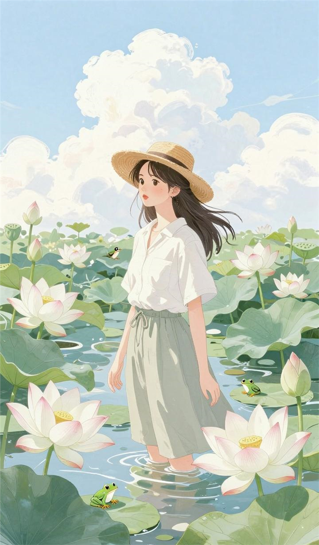 韩系风格夏日荷塘动漫美女插画图片