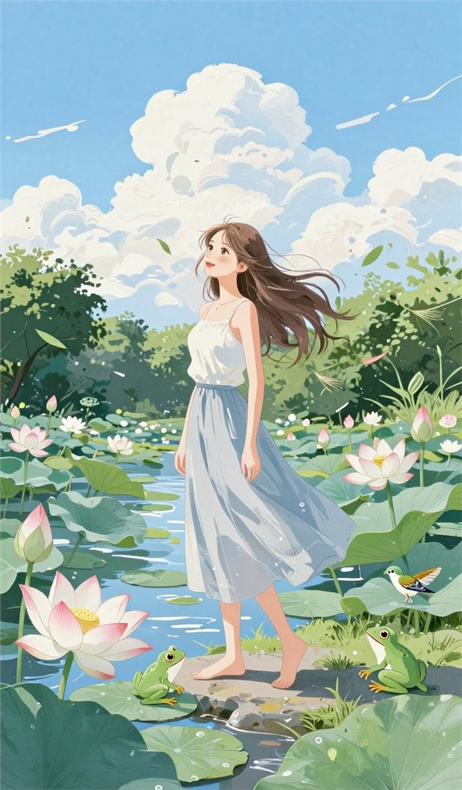 韩系清透卡通插画美女图片