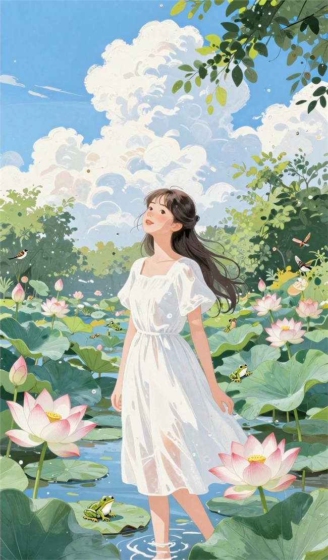 清透治愈系夏日荷塘少女插画图片