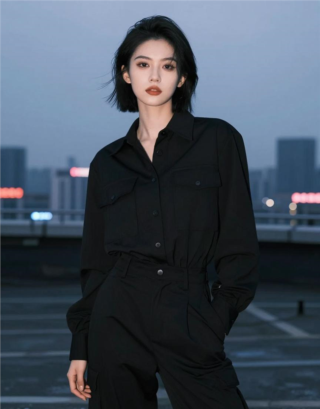 酷帅黑色工装裤套装美女摄影图片