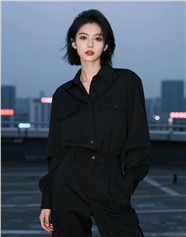 酷帅黑色工装裤套装美女摄影图片