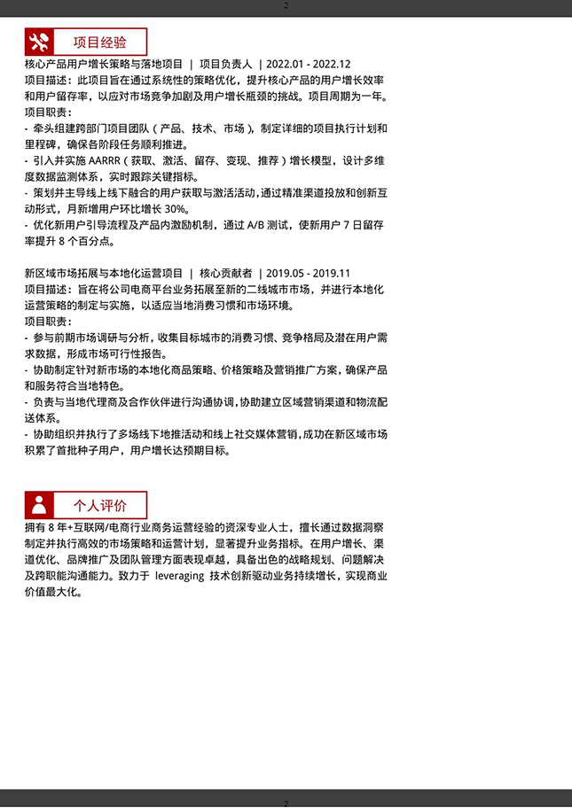 红色商务运营个人简历模板