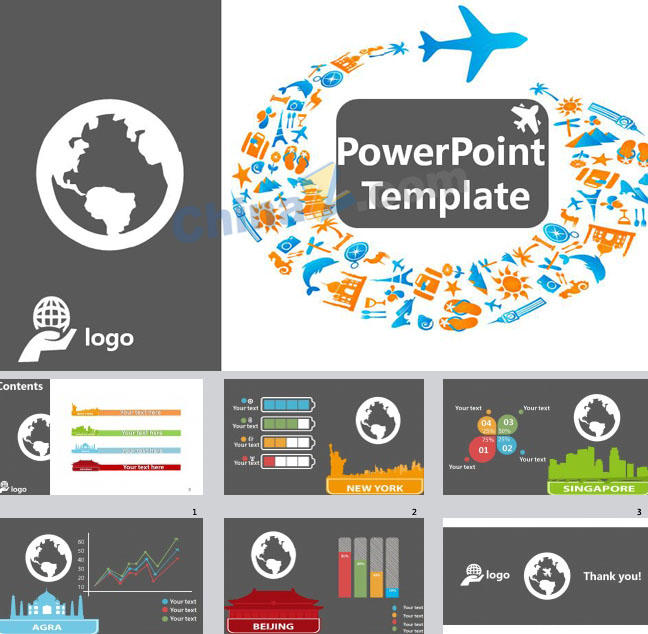 矢量国际旅游线路介绍ppt模板