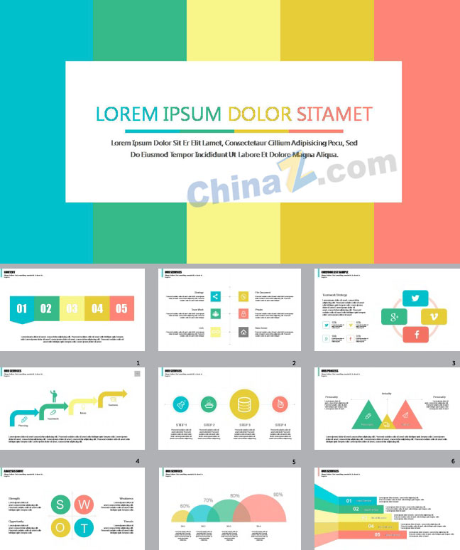 五色彩扁平化欧美商务ppt模板