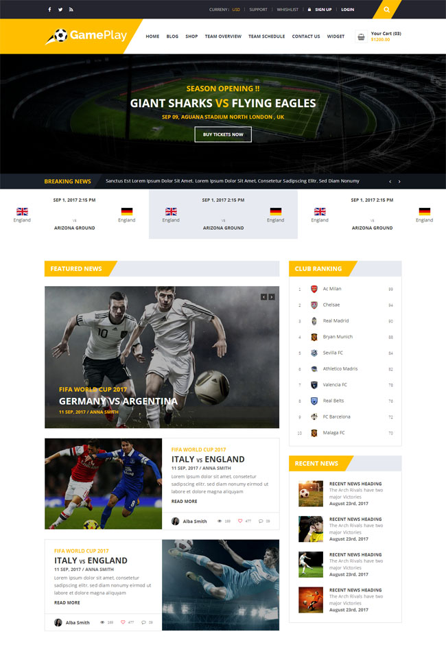 足球博客资讯HTML5模板（足球推荐博客）